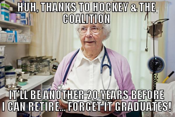 HUH, THANKS TO HOCKEY & THE COALITION IT'LL BE ANOTHER 20 YEARS BEFORE I CAN RETIRE... FORGET IT GRADUATES! Misc