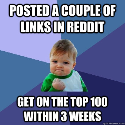 Posted a couple of links in reddit Get on the top 100 within 3 weeks  Success Kid