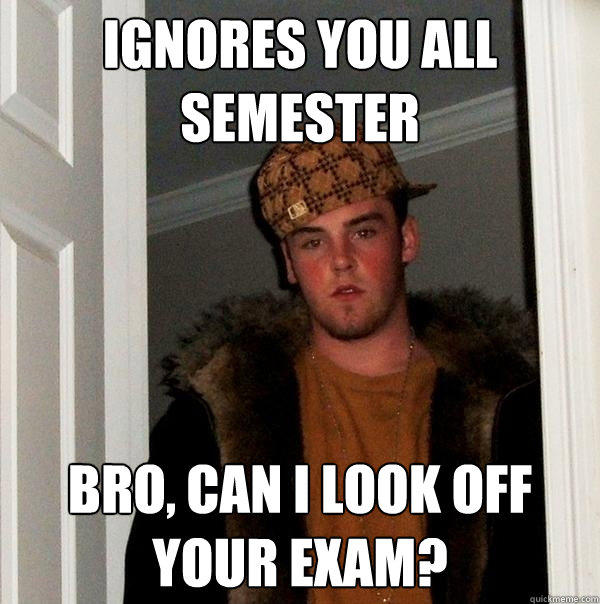 ignores you all semester bro, can i look off your exam?  Scumbag Steve