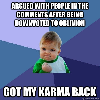 Argued with people in the comments after being downvoted to oblivion Got my karma back  Success Kid