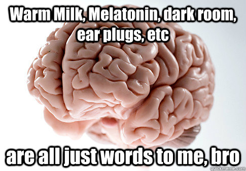 Warm Milk, Melatonin, dark room, ear plugs, etc are all just words to me, bro  Scumbag Brain