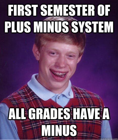 First semester of plus minus system All grades have a minus  Bad Luck Brian