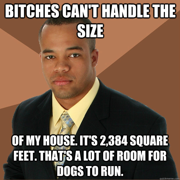 Bitches can't handle the size of my house. It's 2,384 square feet. That's a lot of room for dogs to run.   Successful Black Man