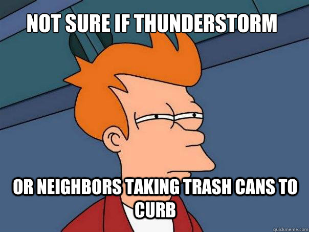 not sure if thunderstorm or neighbors taking trash cans to curb - not sure if thunderstorm or neighbors taking trash cans to curb  Futurama Fry
