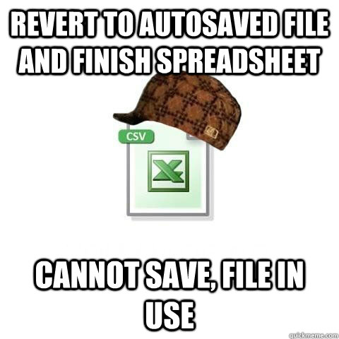 Revert to autosaved file and finish spreadsheet cannot save, file in use  