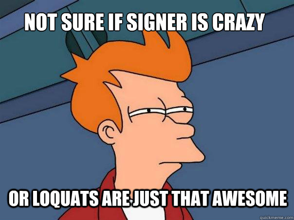 not sure if signer is crazy or loquats are just that awesome  Futurama Fry