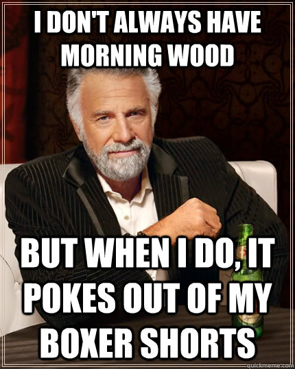 I don't always have morning wood but when I do, it pokes out of my boxer shorts - I don't always have morning wood but when I do, it pokes out of my boxer shorts  The Most Interesting Man In The World