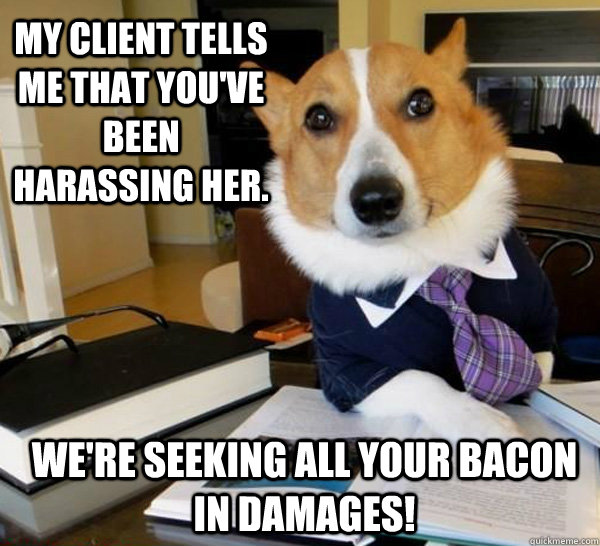 My client tells me that you've been harassing her. We're seeking all your bacon in damages!  Lawyer Dog