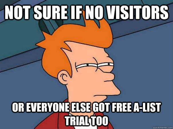 Not sure if no visitors Or everyone else got free a-list trial too  Futurama Fry