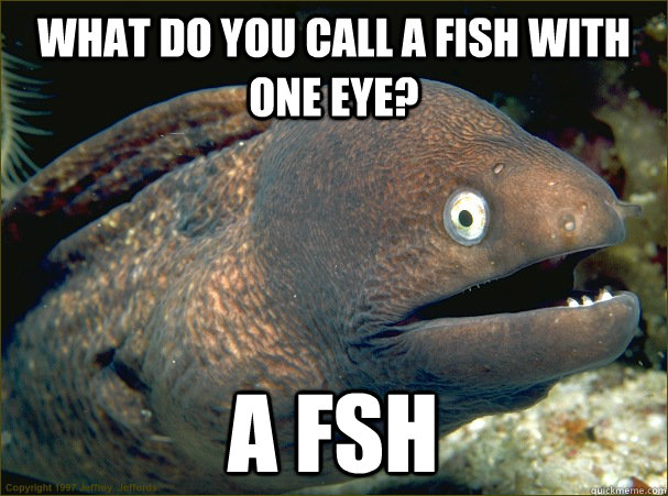 What do you call a fish with one eye? A fsh  Bad Joke Eel