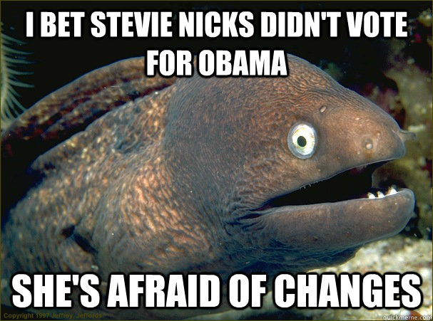 I bet stevie Nicks didn't vote for obama she's afraid of changes - I bet stevie Nicks didn't vote for obama she's afraid of changes  Bad Joke Eel