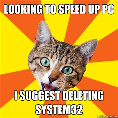 Looking to speed up pc I suggest deleting System32  Bad Advice Cat