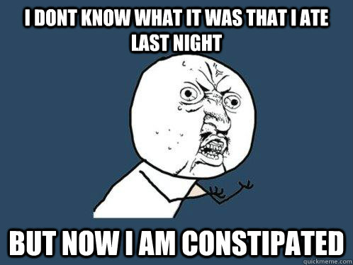 I DONT KNOW WHAT IT WAS THAT I ATE LAST NIGHT  BUT NOW I AM CONSTIPATED  Y U No