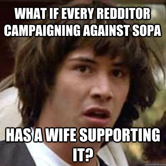 what if every redditor campaigning against sopa has a wife supporting it?  conspiracy keanu