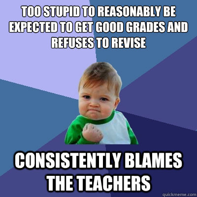 too stupid to reasonably be expected to get good grades and refuses to revise consistently blames the teachers - too stupid to reasonably be expected to get good grades and refuses to revise consistently blames the teachers  Success Kid