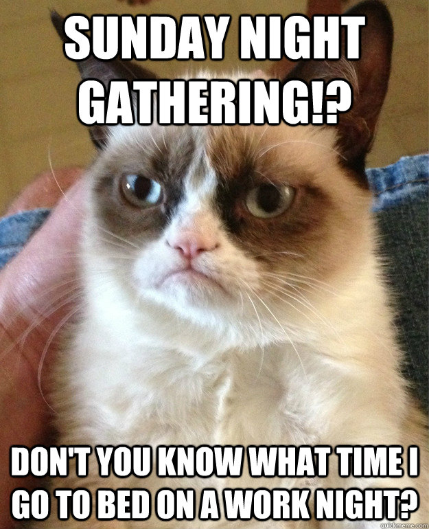 Sunday night gathering!? Don't you know what time I go to bed on a work night?  Grumpy Cat