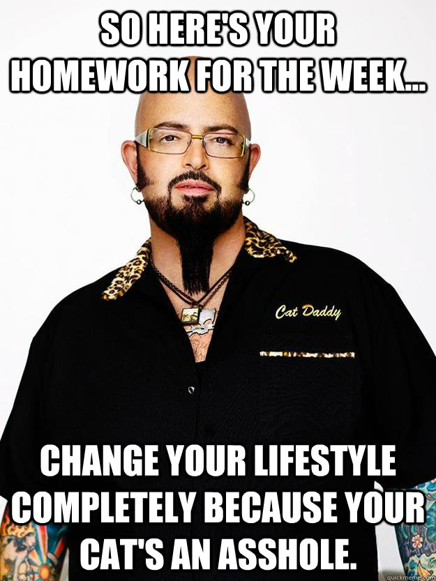 So here's your homework for the week... Change your lifestyle completely because your cat's an asshole.  