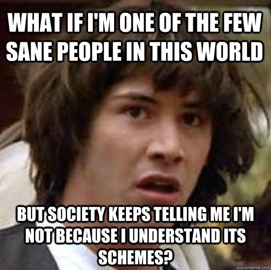 What if i'm one of the few sane people in this world but society keeps telling me i'm not because i understand its schemes? - What if i'm one of the few sane people in this world but society keeps telling me i'm not because i understand its schemes?  conspiracy keanu