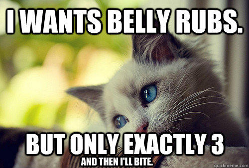 I wants belly rubs. But only exactly 3 and then I'll bite.  