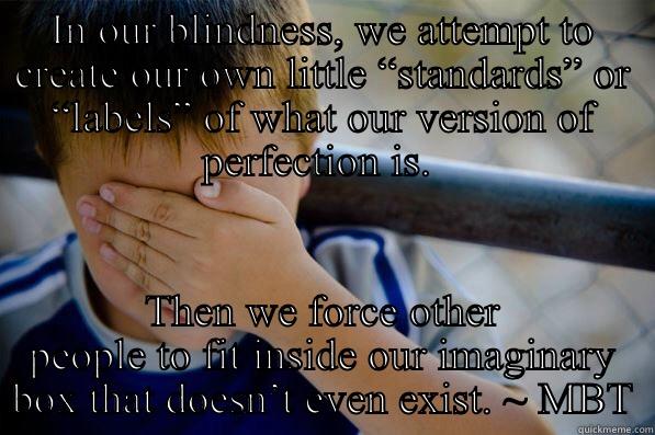 IN OUR BLINDNESS, WE ATTEMPT TO CREATE OUR OWN LITTLE “STANDARDS” OR “LABELS” OF WHAT OUR VERSION OF PERFECTION IS.  THEN WE FORCE OTHER PEOPLE TO FIT INSIDE OUR IMAGINARY BOX THAT DOESN’T EVEN EXIST. ~ MBT Confession kid