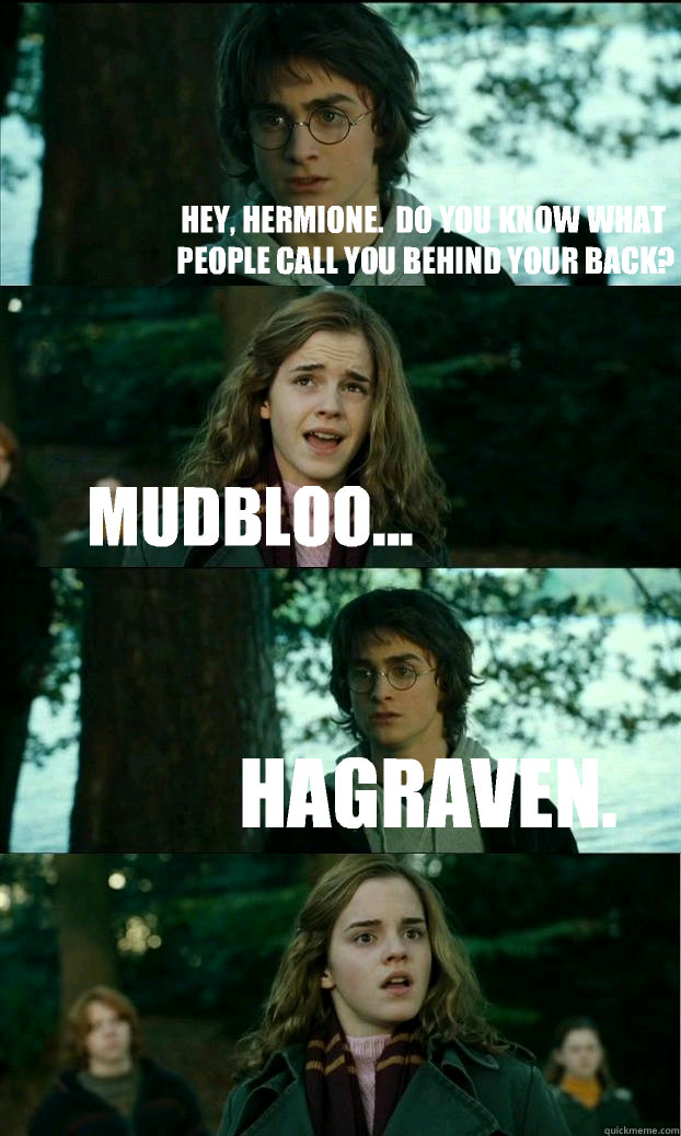 Hey, Hermione.  Do you know what people call you behind your back? Mudbloo... Hagraven.  Horny Harry