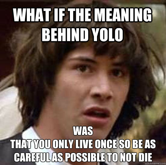 what if the meaning behind yolo  was
that you only live once so be as careful as possible to not die  conspiracy keanu