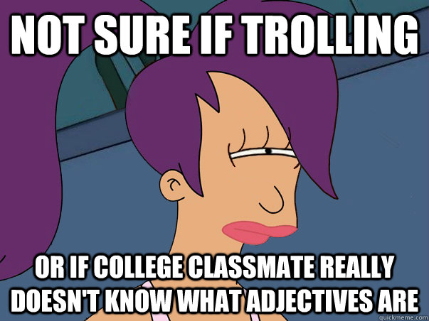 Not sure if trolling or if college classmate really doesn't know what adjectives are  Leela Futurama