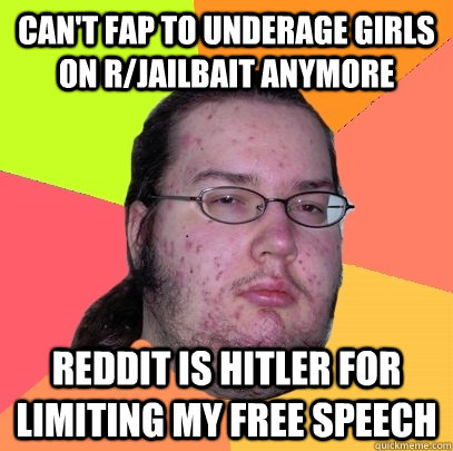 Can't fap to underage girls on r/jailbait anymore reddit is hitler for limiting my free speech  Butthurt Dweller