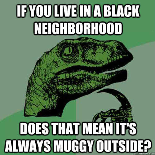 if you live in a black neighborhood does that mean it's always muggy outside?  Philosoraptor