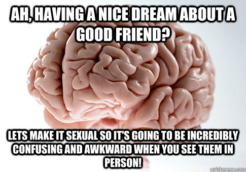 Ah, having a nice dream about a good friend? Lets make it sexual so it's going to be incredibly confusing and awkward when you see them in person! - Ah, having a nice dream about a good friend? Lets make it sexual so it's going to be incredibly confusing and awkward when you see them in person!  Scumbag Brain