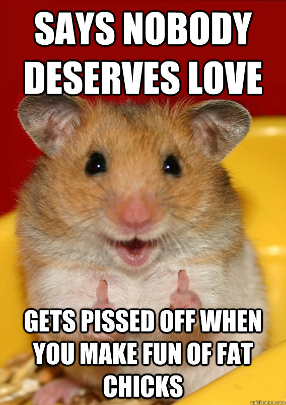 says Nobody deserves love Gets pissed off when you make fun of fat chicks  - says Nobody deserves love Gets pissed off when you make fun of fat chicks   Rationalization Hamster