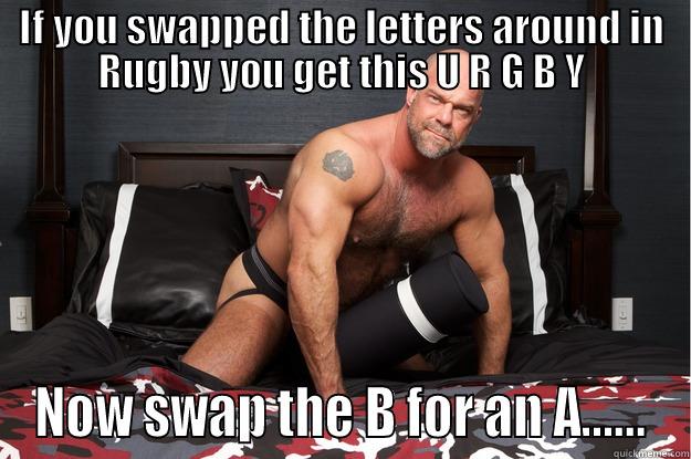 IF YOU SWAPPED THE LETTERS AROUND IN RUGBY YOU GET THIS U R G B Y NOW SWAP THE B FOR AN A...... Gorilla Man