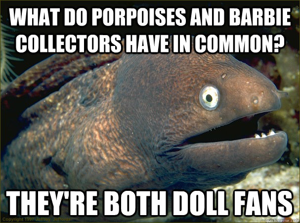 what do porpoises and barbie collectors have in common? they're both doll fans  Bad Joke Eel