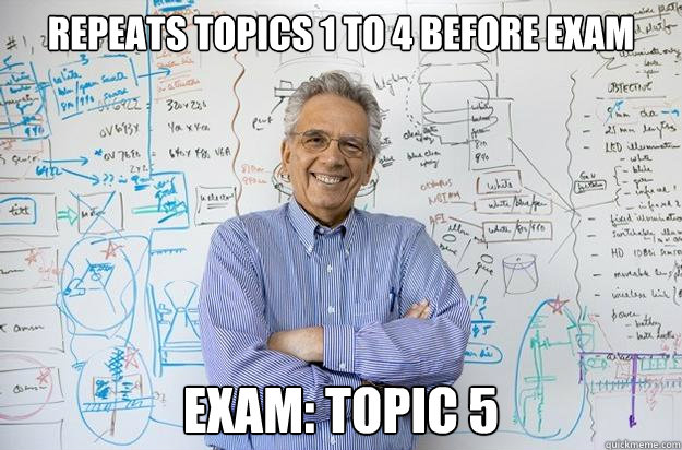 Repeats topics 1 to 4 before exam exam: topic 5  Engineering Professor