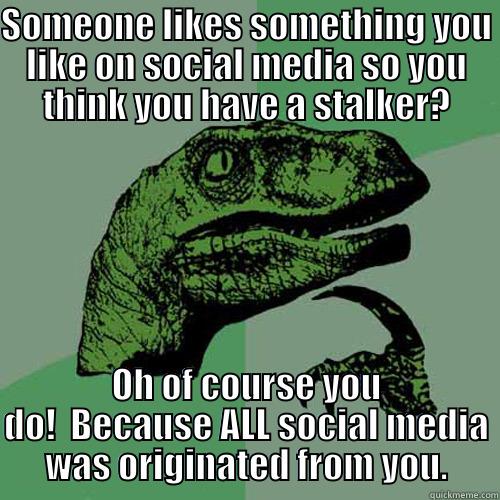 Social media - SOMEONE LIKES SOMETHING YOU LIKE ON SOCIAL MEDIA SO YOU THINK YOU HAVE A STALKER? OH OF COURSE YOU DO!  BECAUSE ALL SOCIAL MEDIA WAS ORIGINATED FROM YOU. Philosoraptor