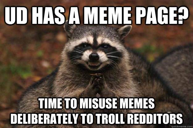 UD has a meme page? time to misuse memes deliberately to troll redditors  Evil Plotting Raccoon