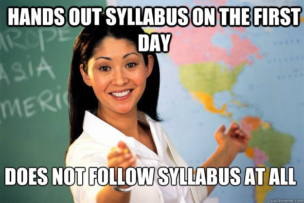 Hands out syllabus on the first day Does not follow syllabus at all  Unhelpful High School Teacher