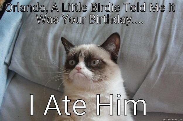 ORLANDO, A LITTLE BIRDIE TOLD ME IT WAS YOUR BIRTHDAY.... I ATE HIM Grumpy Cat