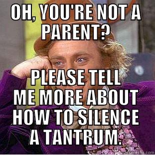 OH, YOU'RE NOT A PARENT? PLEASE TELL ME MORE ABOUT HOW TO SILENCE A TANTRUM. Condescending Wonka