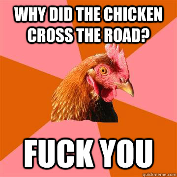 Why did the chicken cross the road? fuck you - Why did the chicken cross the road? fuck you  Anti-Joke Chicken