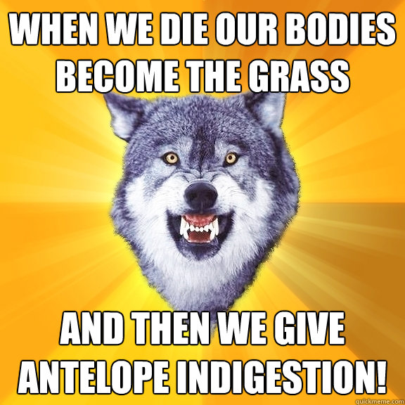 When we die our bodies become the grass And then we give antelope indigestion!  Courage Wolf