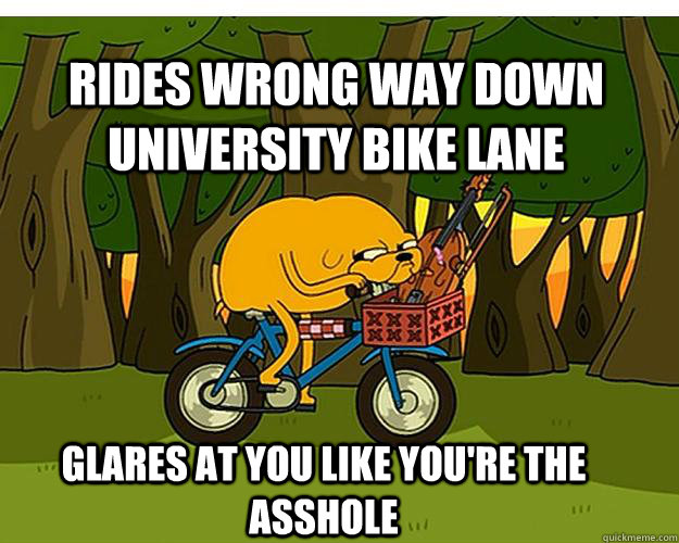 Rides wrong way down University bike lane glares at you like you're the asshole  