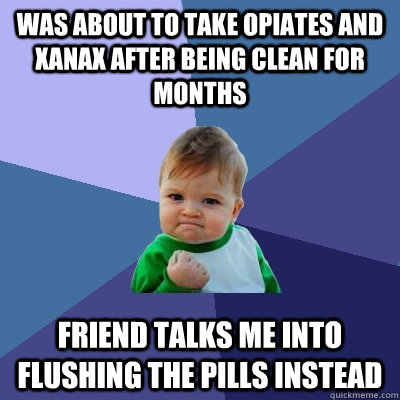 Was about to take Opiates and Xanax after being clean for months Friend talks me into flushing the pills instead  Success Kid