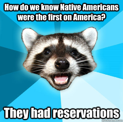 How do we know Native Americans were the first on America? They had reservations  Lame Pun Coon