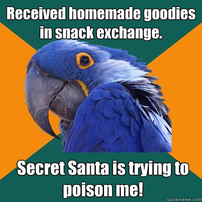 Received homemade goodies in snack exchange. Secret Santa is trying to poison me! - Received homemade goodies in snack exchange. Secret Santa is trying to poison me!  Paranoid Parrot