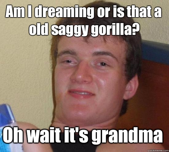 Am I dreaming or is that a old saggy gorilla? Oh wait it's grandma  10 Guy