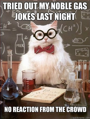 tried out my noble gas jokes last night no reaction from the crowd - tried out my noble gas jokes last night no reaction from the crowd  Chemistry Cat