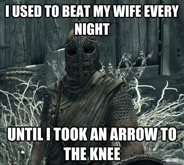 I used to beat my wife every night until i took an arrow to the knee  Skyrim Guard