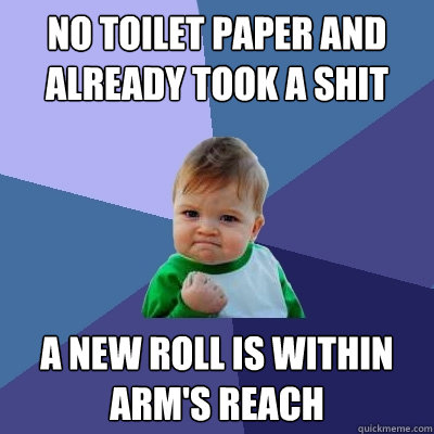 no toilet paper and already took a shit a new roll is within arm's reach  Success Kid