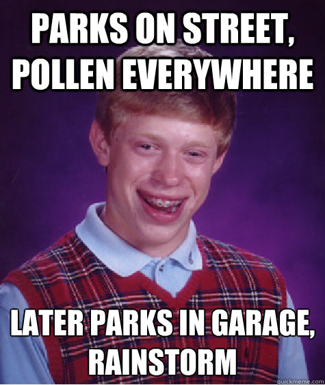 PARKS ON STREET, POLLEN EVERYWHERE LATER PARKS IN GARAGE, 
RAINSTORM - PARKS ON STREET, POLLEN EVERYWHERE LATER PARKS IN GARAGE, 
RAINSTORM  Bad Luck Brian